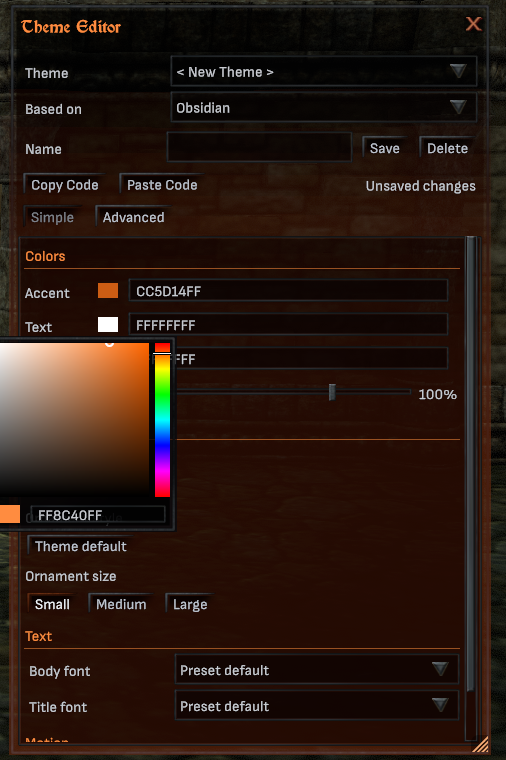 Theme Editor with the colour picker open