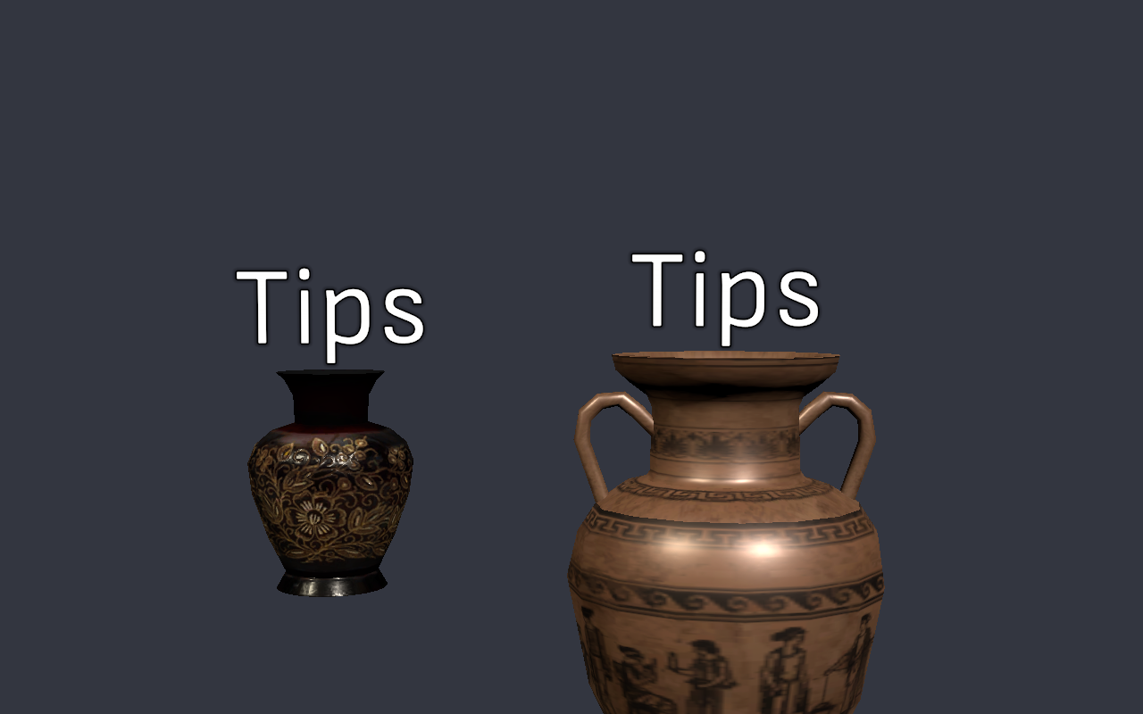 Clay and ornate tip jars with floating Tips labels