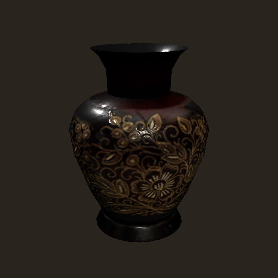 The craftable clay tip jar: a dark rounded earthen jar with engraved flowers, rendered on a plain backdrop