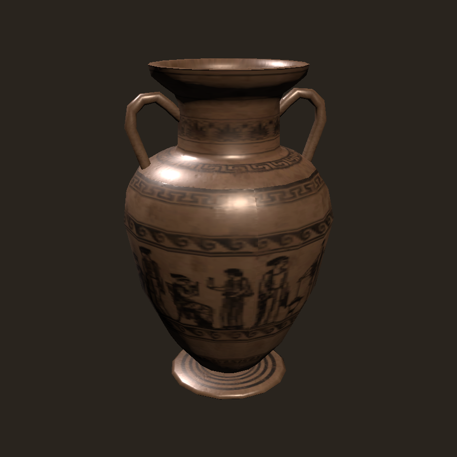 The ornate tip jar: a tall two-handled amphora painted with figures and border patterns, rendered on a plain backdrop