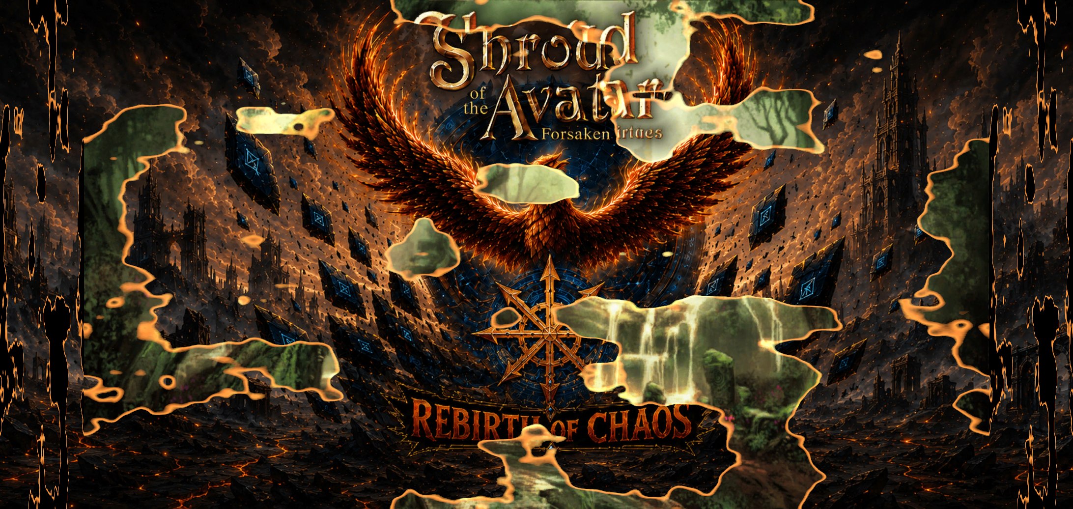 The old forest title screen partly burned away with glowing orange edges, the Rebirth of Chaos phoenix artwork showing through the holes