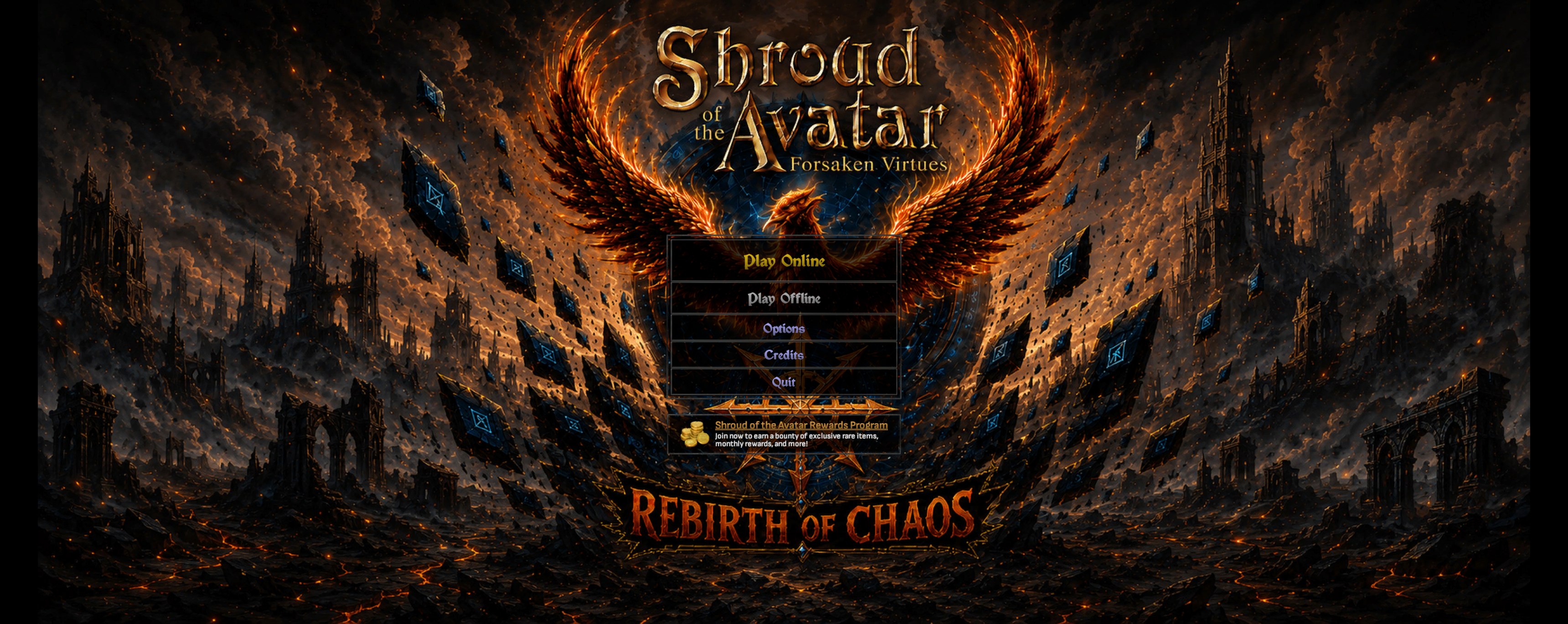 The new Rebirth of Chaos title screen, a fiery phoenix over a ruined city, with the game menu centered on top
