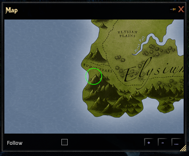 The world map panned to a town with a green ring drawn around it