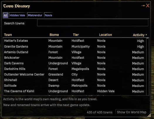 The Town Directory window listing towns with columns for biome, tier, location and activity