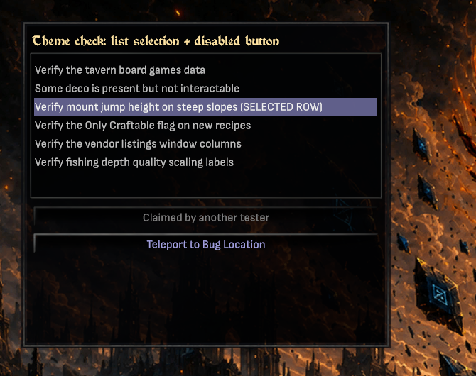 A themed test window with a task list where one row is highlighted in dark blue with bright readable text, above a grayed-out claim button on the dark panel