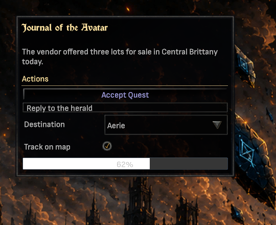 A demo window in the standard game style: dark panel, cream title, lavender button text