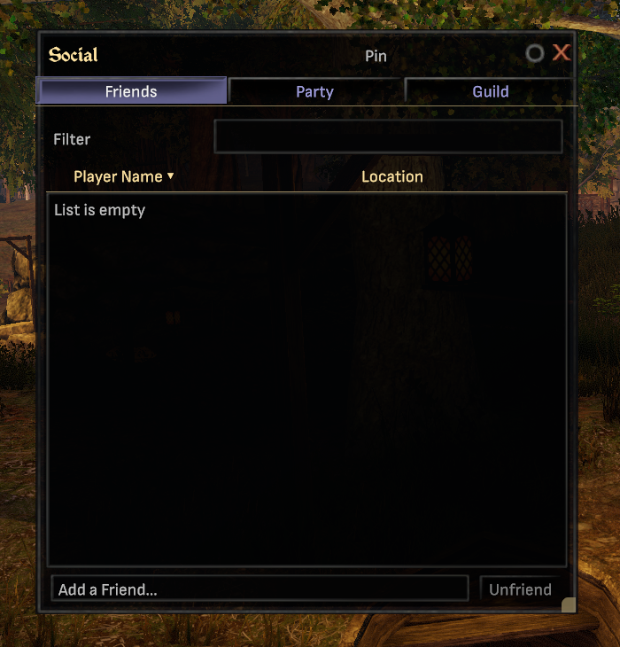 The rebuilt Social window with Friends, Party, and Guild tabs open over the Soltown camp