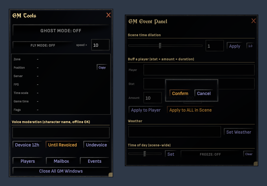The GM Tools and GM Event Panel windows restyled by the shared theme: classic bracket frames and title lettering, framed buttons and entry fields, and the standard red close button on a dark backing