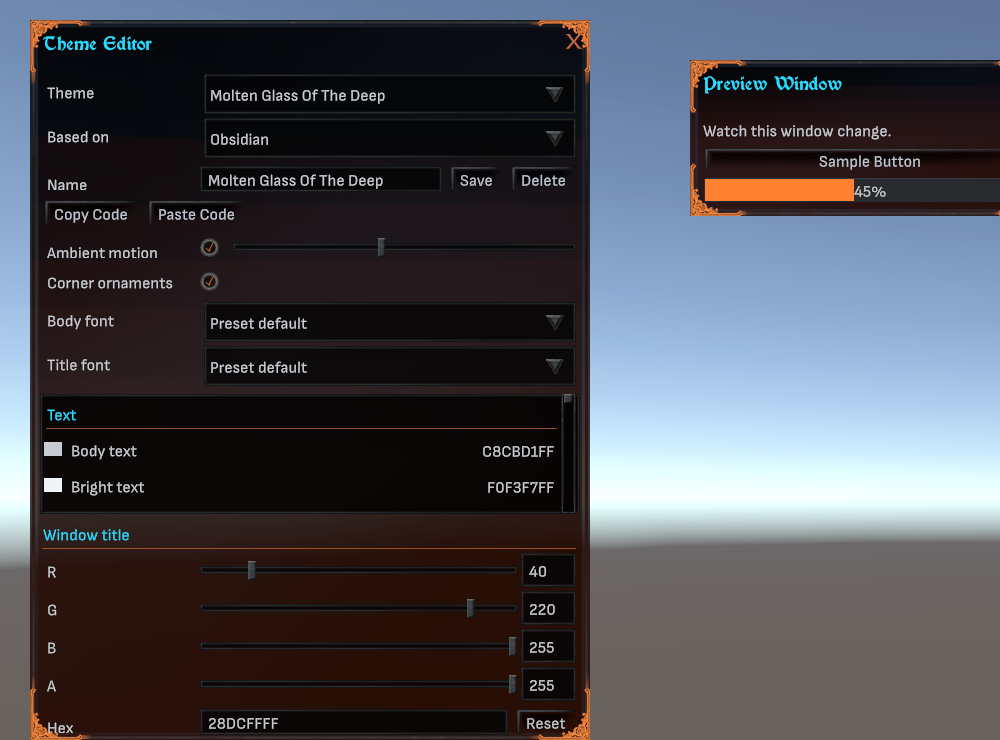 The Theme Editor window with base theme, name, share code buttons, motion and font controls, a grouped color list, and RGBA sliders, next to a preview window with a cyan title