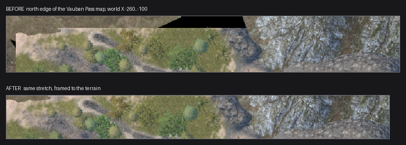 The north edge of the Vauban Pass map before and after: the before strip has a black wedge over the grass, the after strip is unbroken