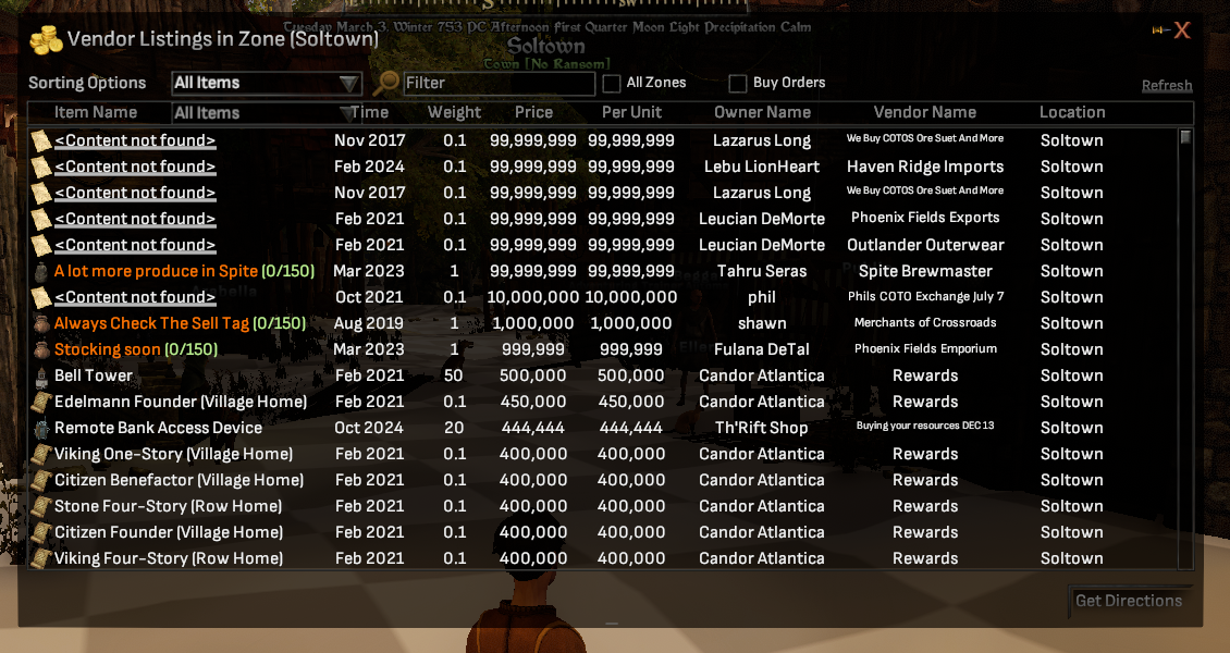 The repaired Vendor Listings in Zone window open in Soltown: all nine columns fit, the scroll bar is visible on the right, and 99,999,999 gold prices render at full size, sorted most expensive first
