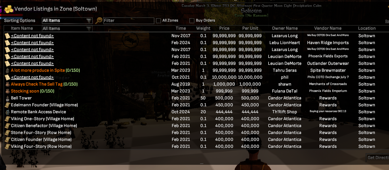 The same vendor listings window after dragging its right edge 300 pixels wider: the Item Name column absorbs the extra width while the other columns and the scroll bar keep their places