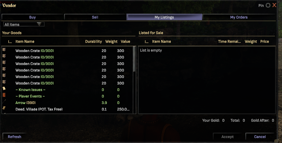 The rebuilt vendor window on its My Listings tab, showing your own goods beside your listings