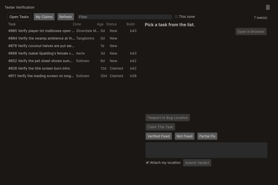 The Tester Verification window showing a task list with Task, Zone, Age, Status, and Build columns, a filter box, and a This zone checkbox
