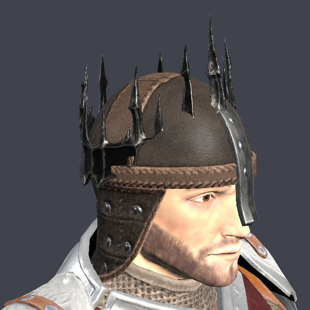 A character wearing a black spiked crown with runes cut into the band