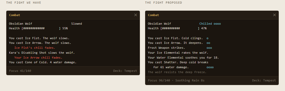 Two mock combat log windows comparing current and proposed water magic behavior