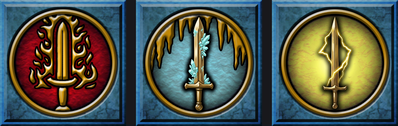 The three weapon enchant glyphs side by side, each with a blue square border and a different colour circle inside