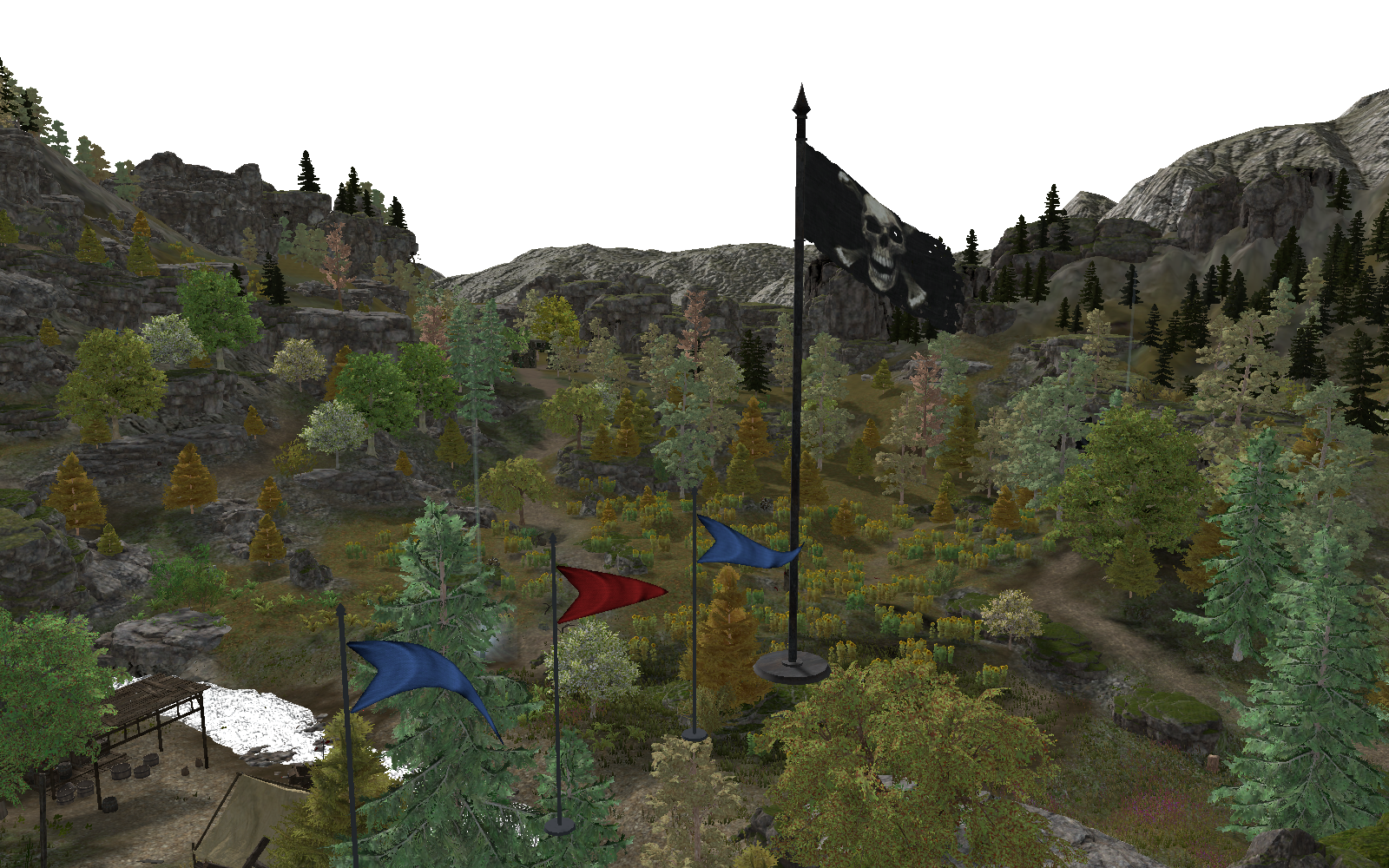 Forest valley with three colored pennant pole flags and a large pirate flag, every flag streaming in the same direction
