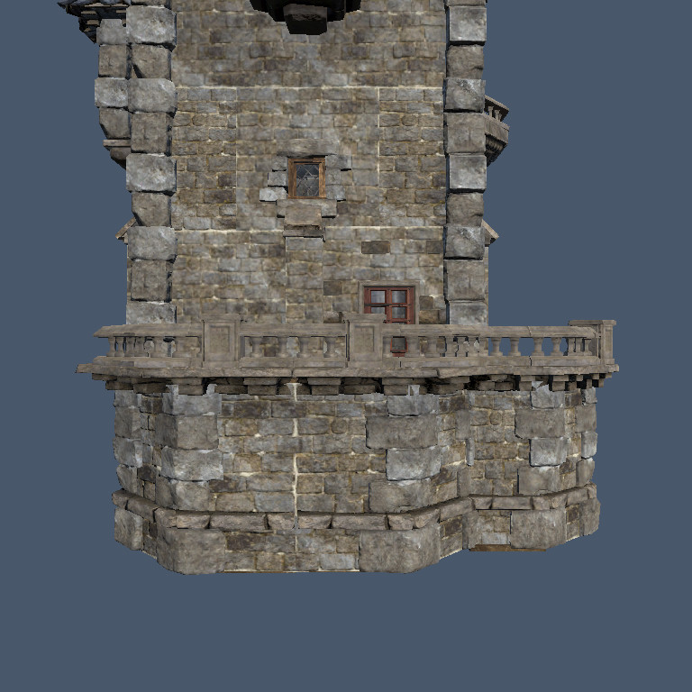 The Stone Five-Story Wizard's Tower porch balcony, railing cap running level across the front after the alignment fix